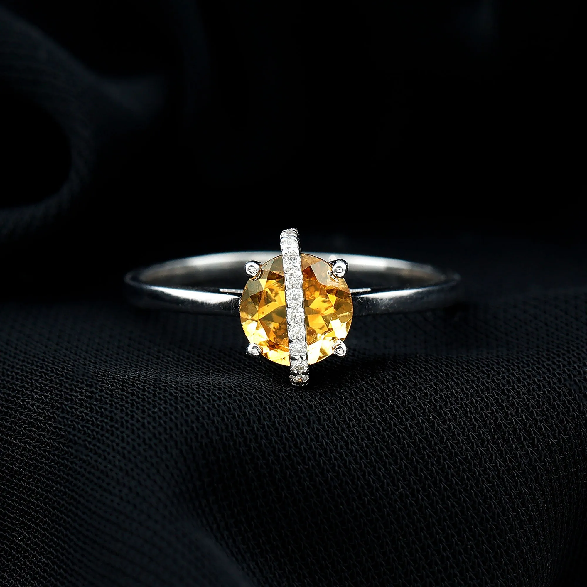 0.75 CT Designer Round Shape Citrine Ring with Diamond Stones