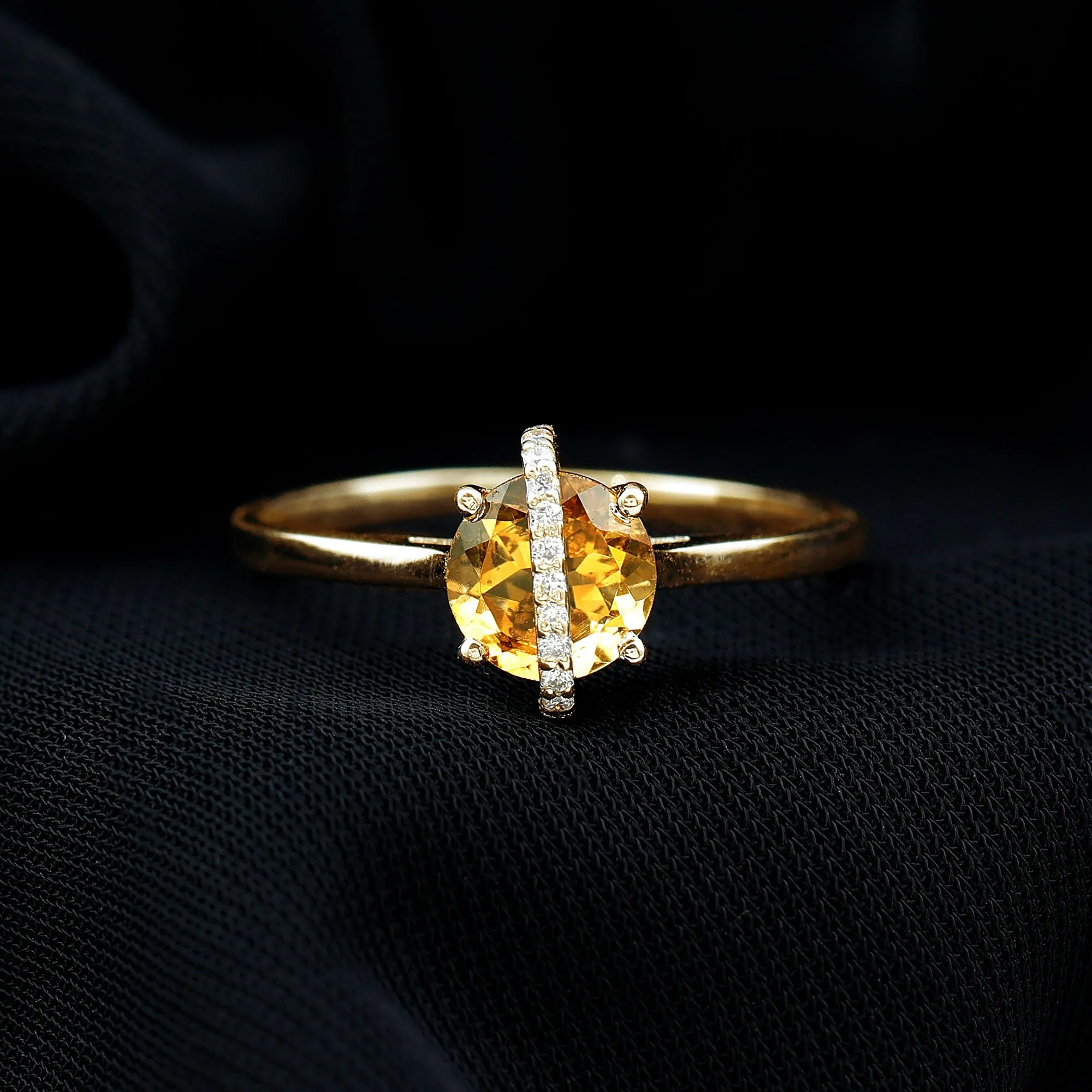 0.75 CT Designer Round Shape Citrine Ring with Diamond Stones