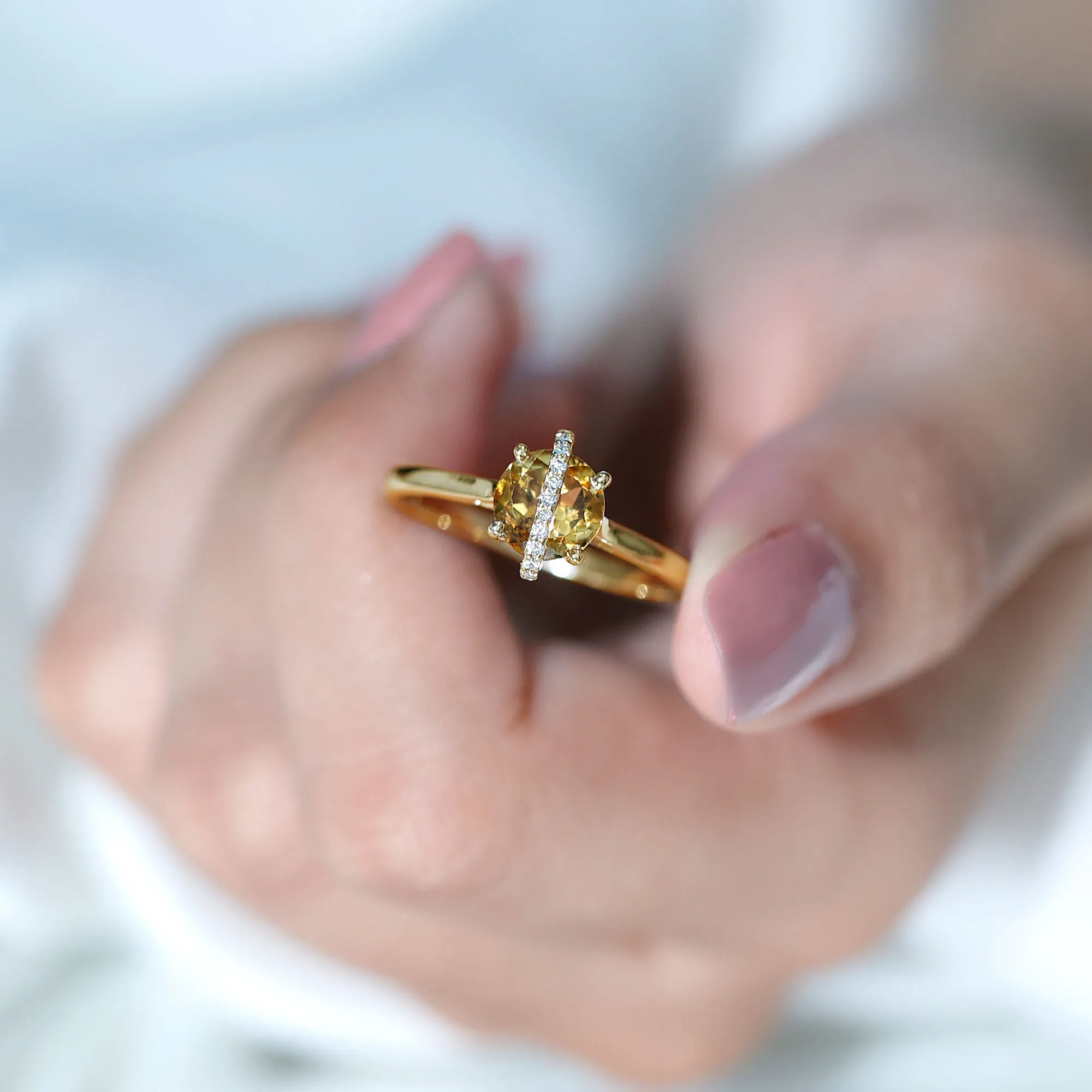 0.75 CT Designer Round Shape Citrine Ring with Diamond Stones