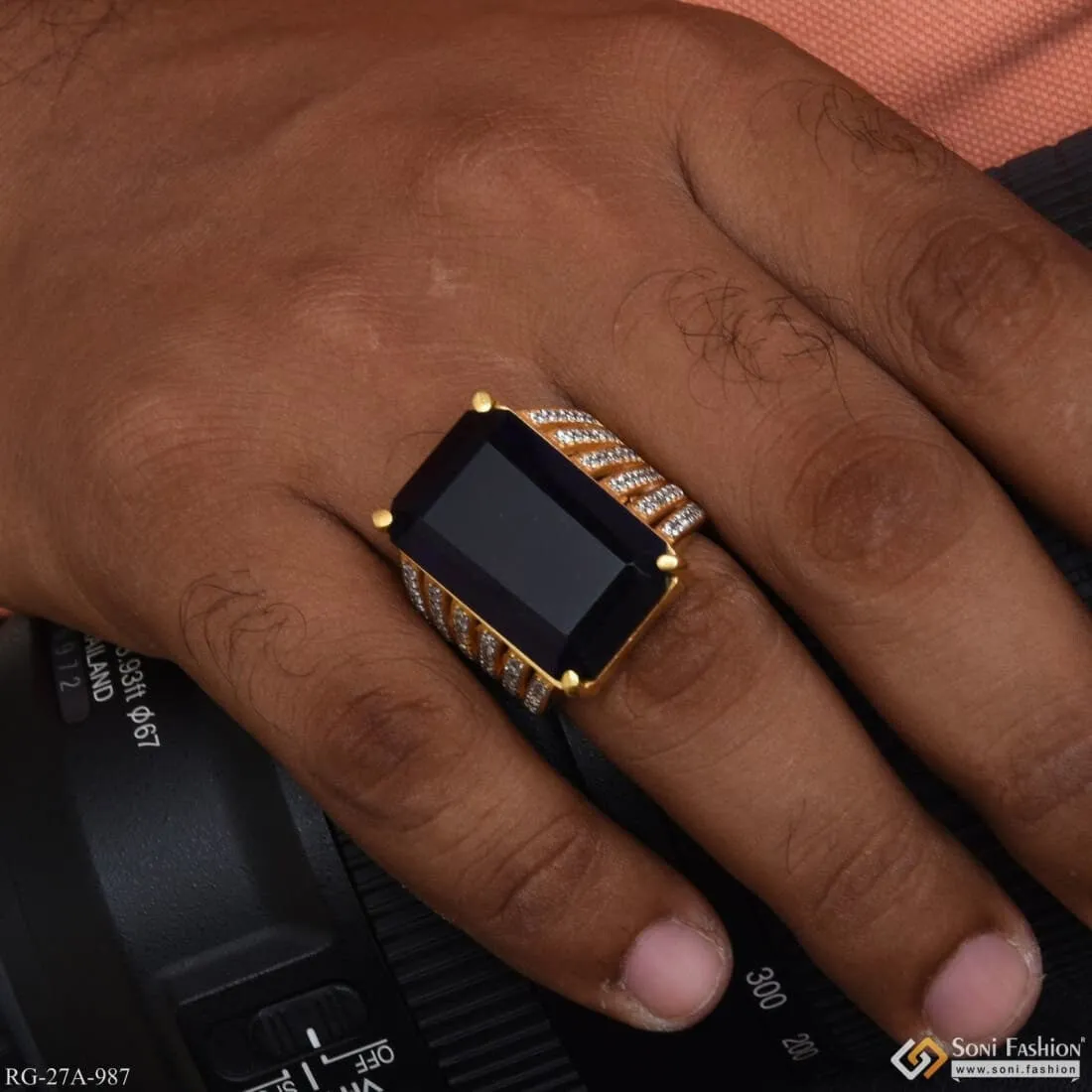 1 Gram Gold Forming Blue Ring with Diamond Gorgeous Design Ring for Men - Style A987