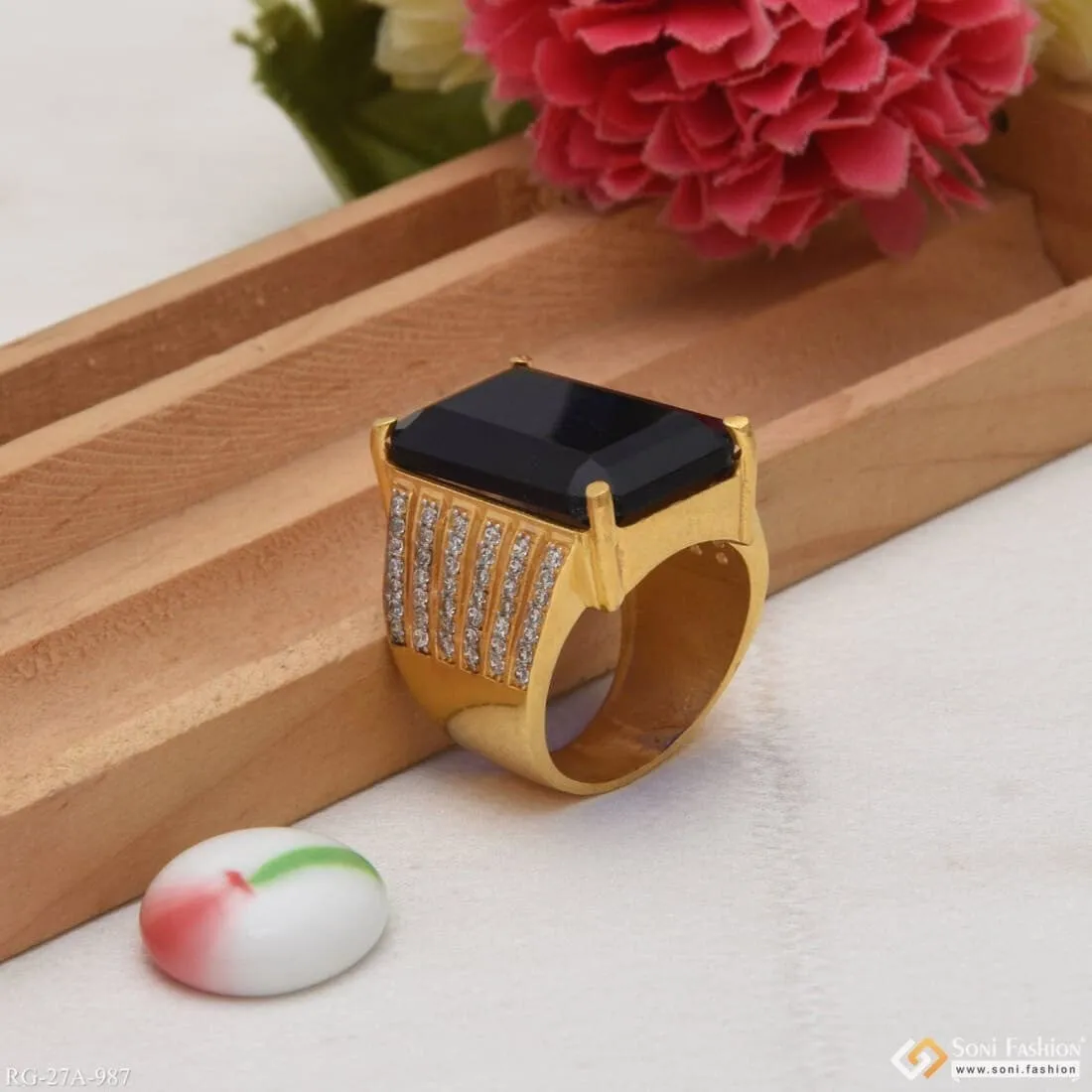 1 Gram Gold Forming Blue Ring with Diamond Gorgeous Design Ring for Men - Style A987
