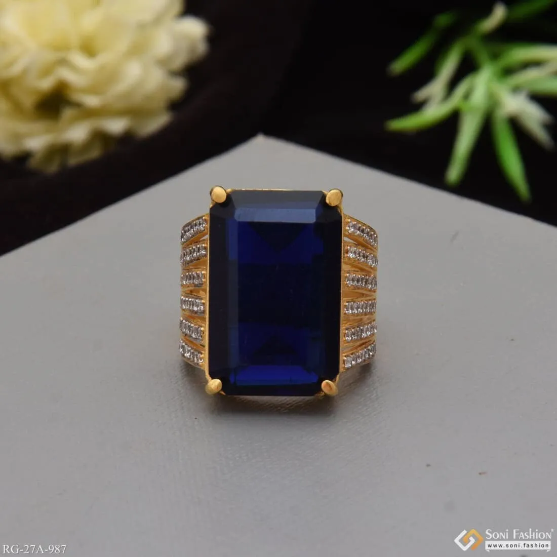1 Gram Gold Forming Blue Ring with Diamond Gorgeous Design Ring for Men - Style A987
