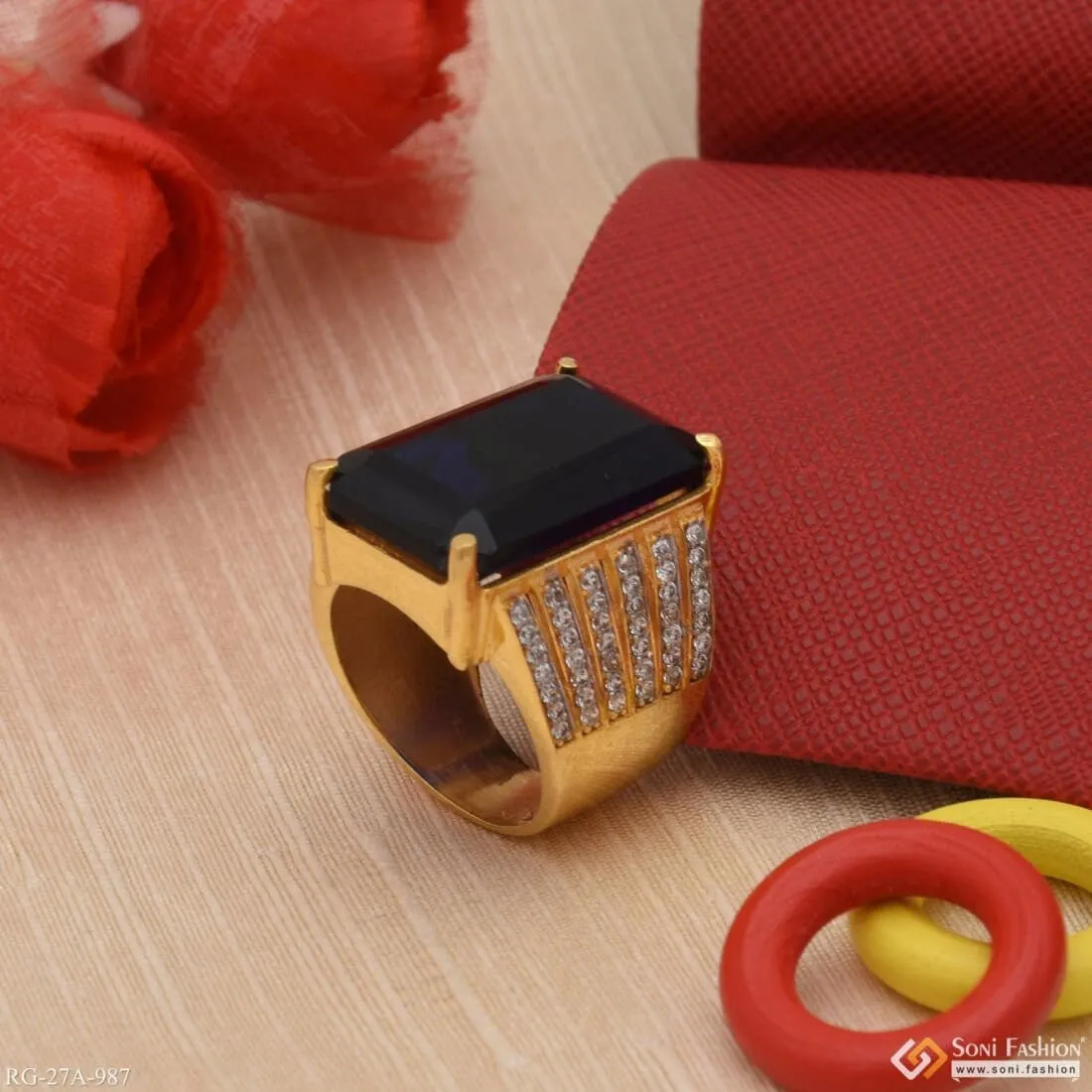 1 Gram Gold Forming Blue Ring with Diamond Gorgeous Design Ring for Men - Style A987