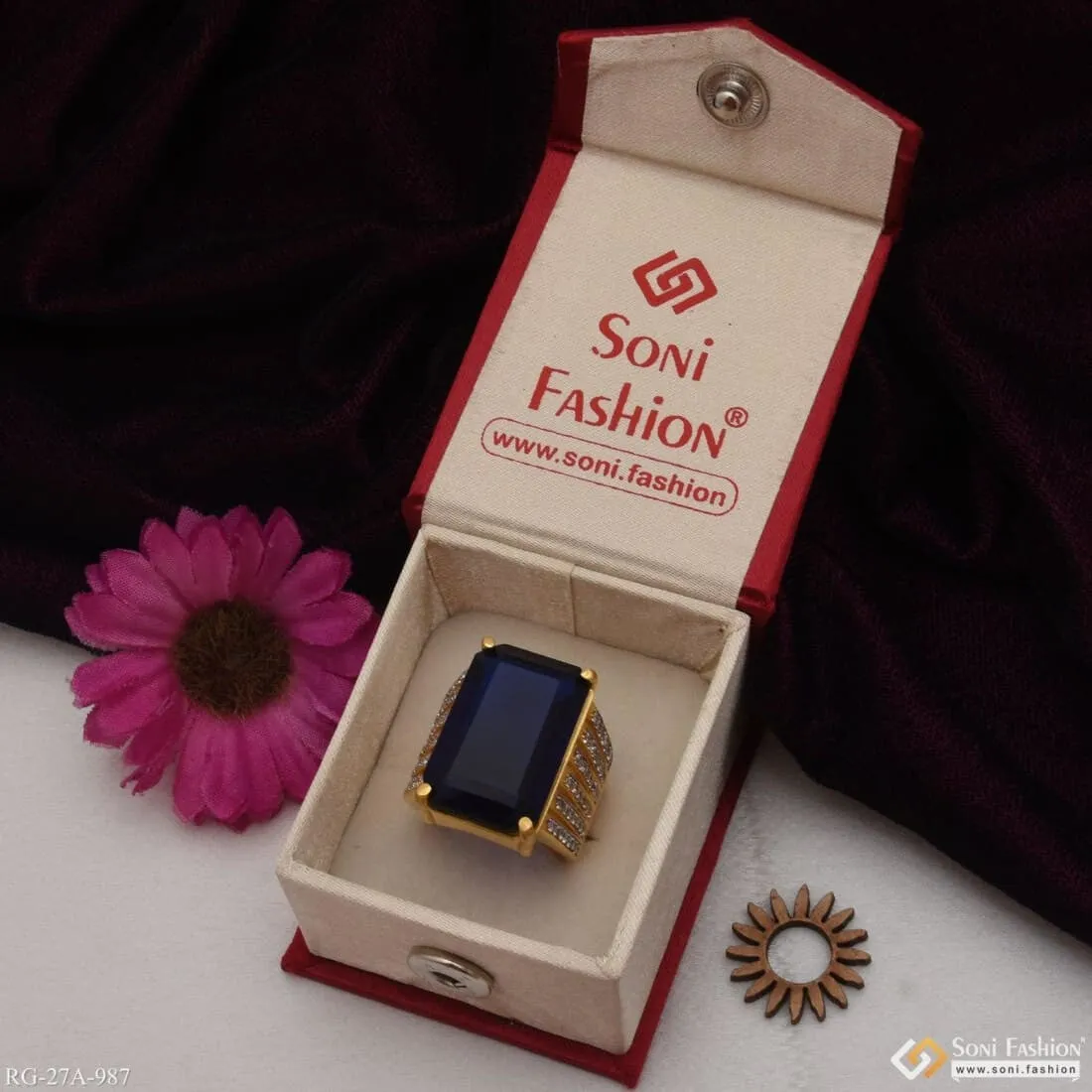1 Gram Gold Forming Blue Ring with Diamond Gorgeous Design Ring for Men - Style A987