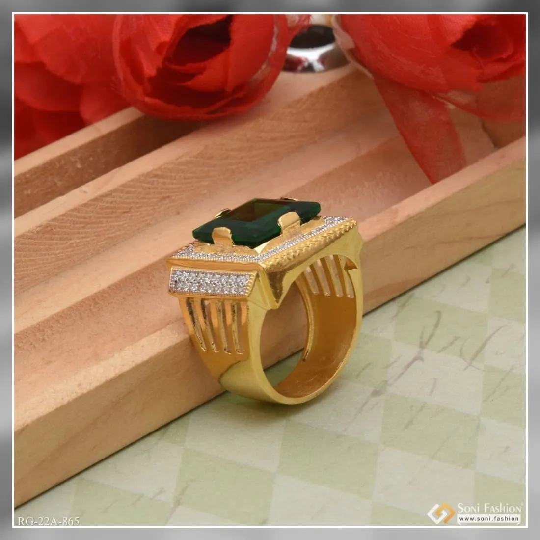 1 Gram Gold Forming Green Stone with Diamond Gorgeous Design Ring - Style A865