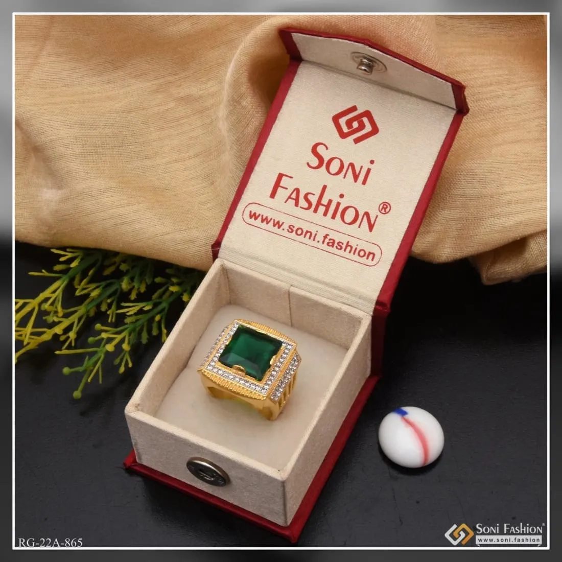 1 Gram Gold Forming Green Stone with Diamond Gorgeous Design Ring - Style A865