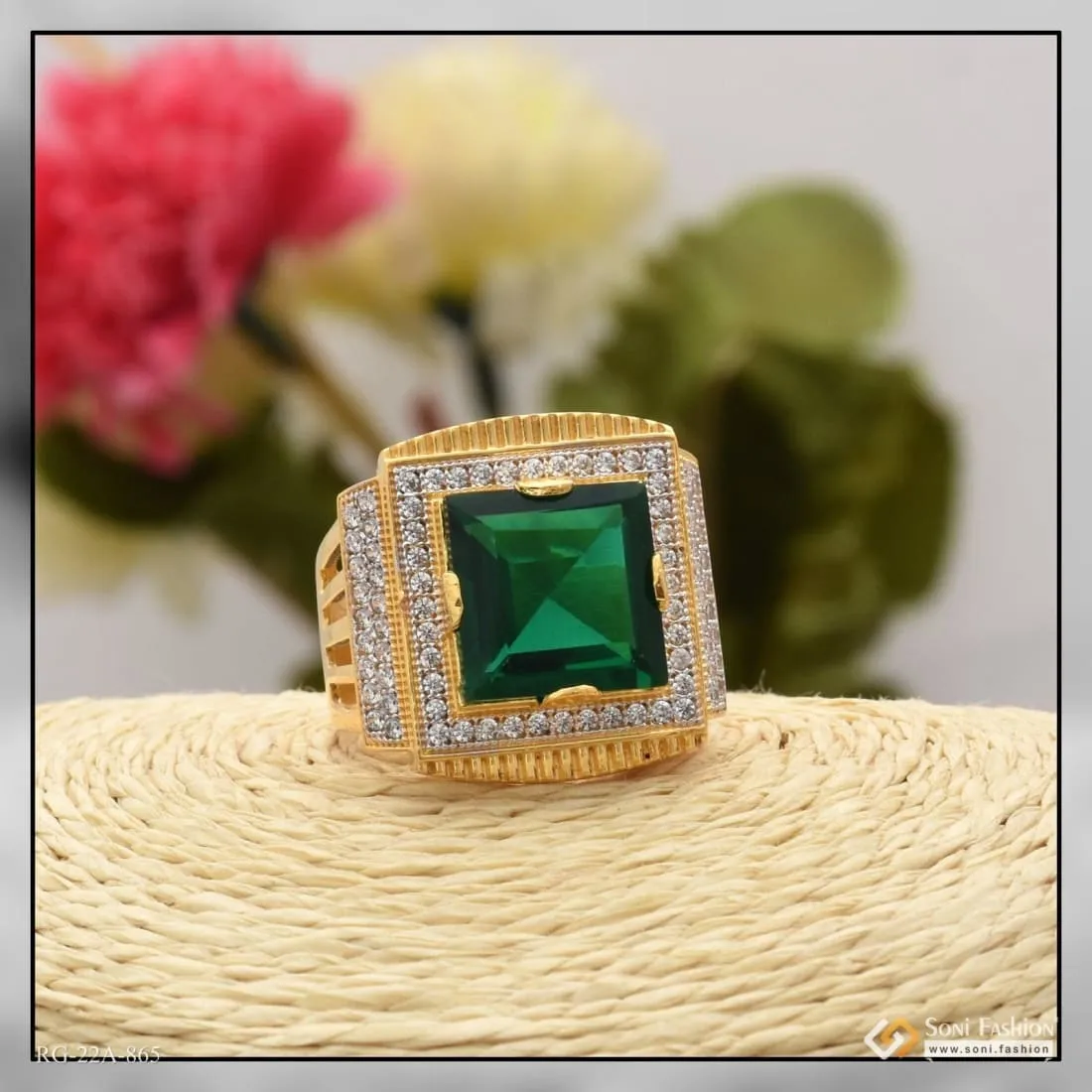 1 Gram Gold Forming Green Stone with Diamond Gorgeous Design Ring - Style A865