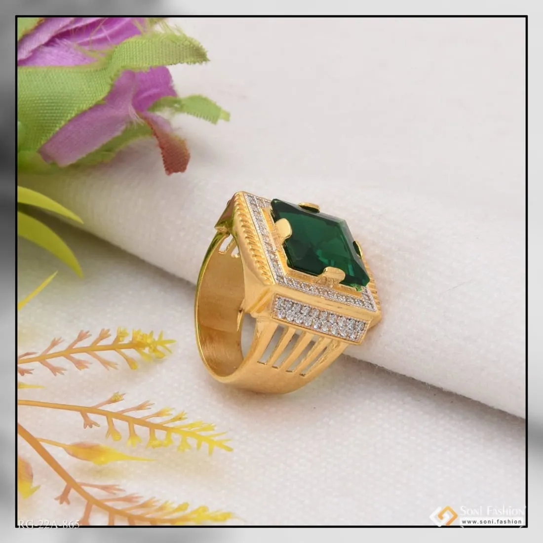 1 Gram Gold Forming Green Stone with Diamond Gorgeous Design Ring - Style A865