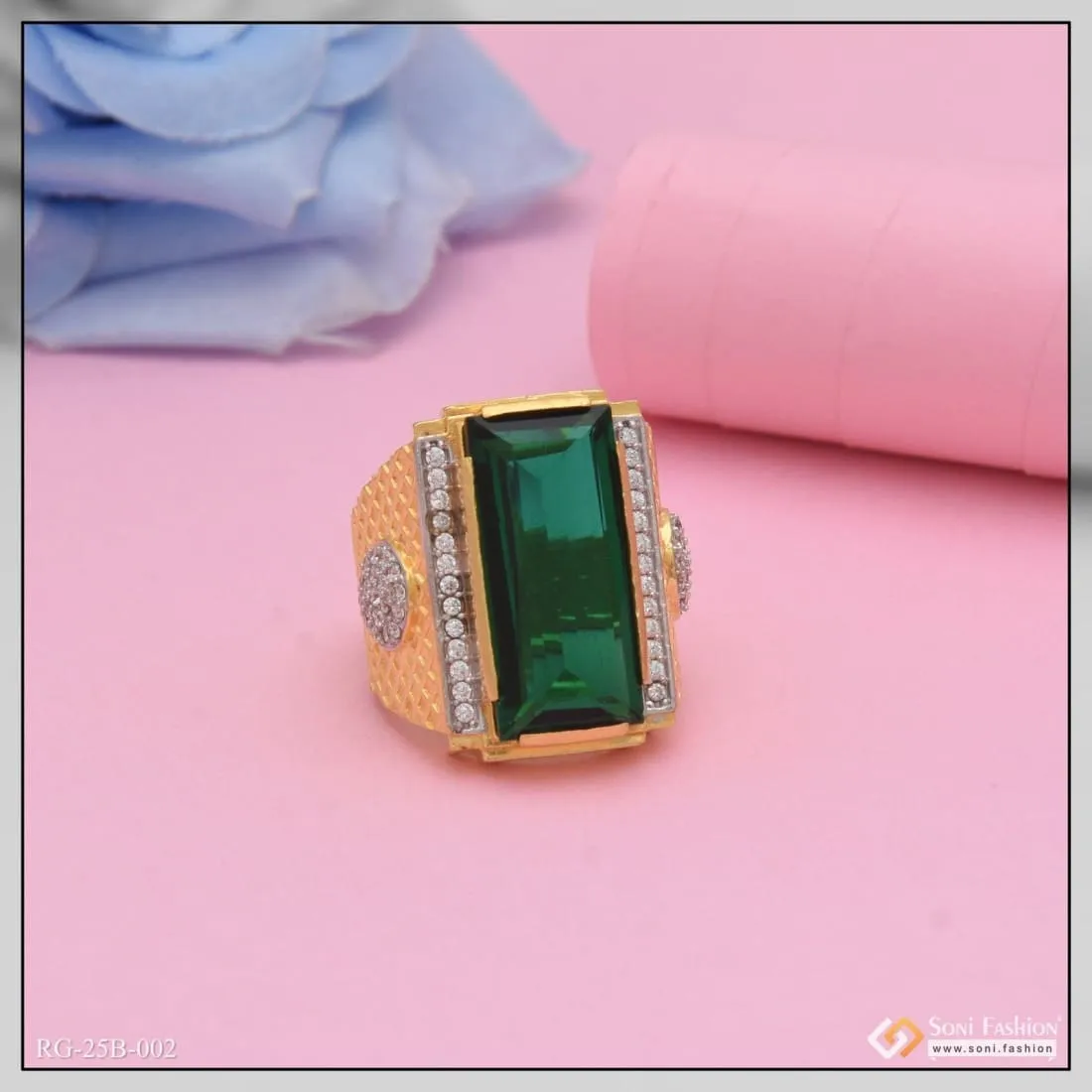 1 Gram Gold Forming Green Stone with Diamond Gorgeous Design Ring - Style B002