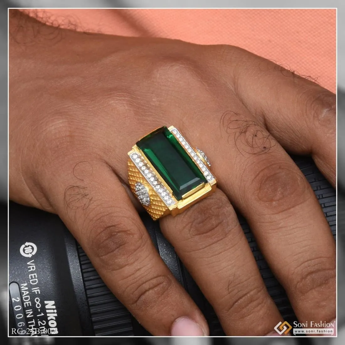 1 Gram Gold Forming Green Stone with Diamond Gorgeous Design Ring - Style B002