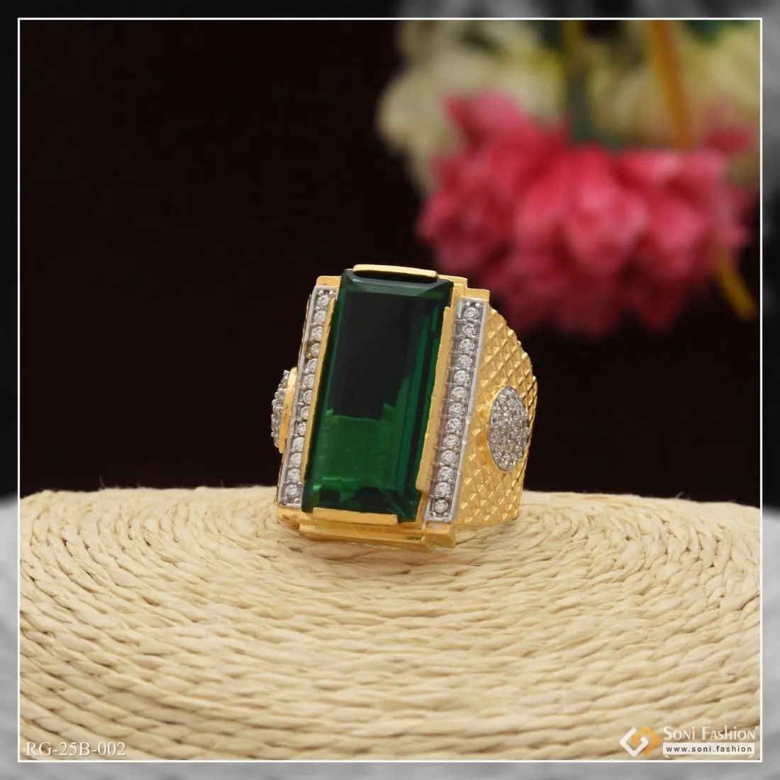 1 Gram Gold Forming Green Stone with Diamond Gorgeous Design Ring - Style B002