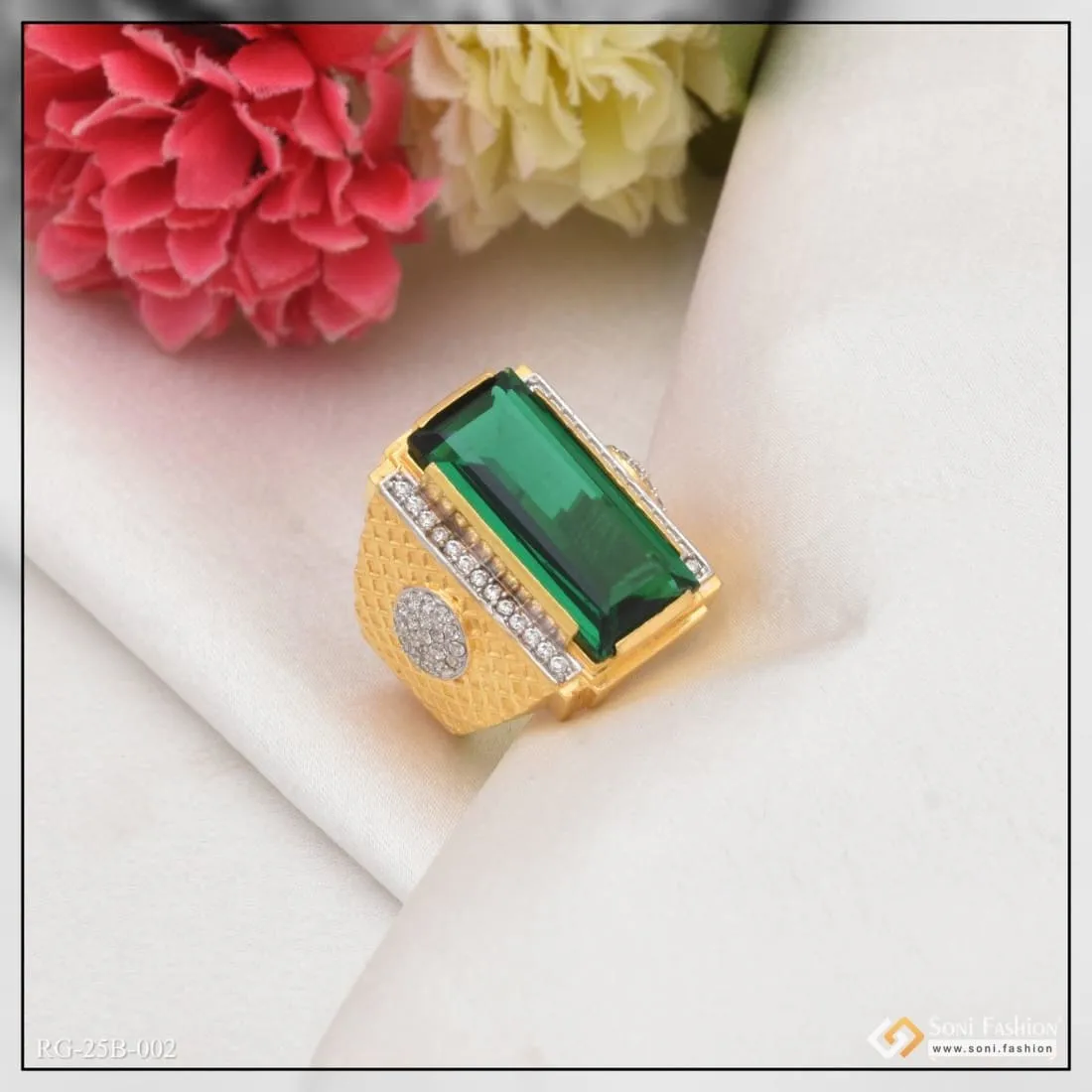 1 Gram Gold Forming Green Stone with Diamond Gorgeous Design Ring - Style B002