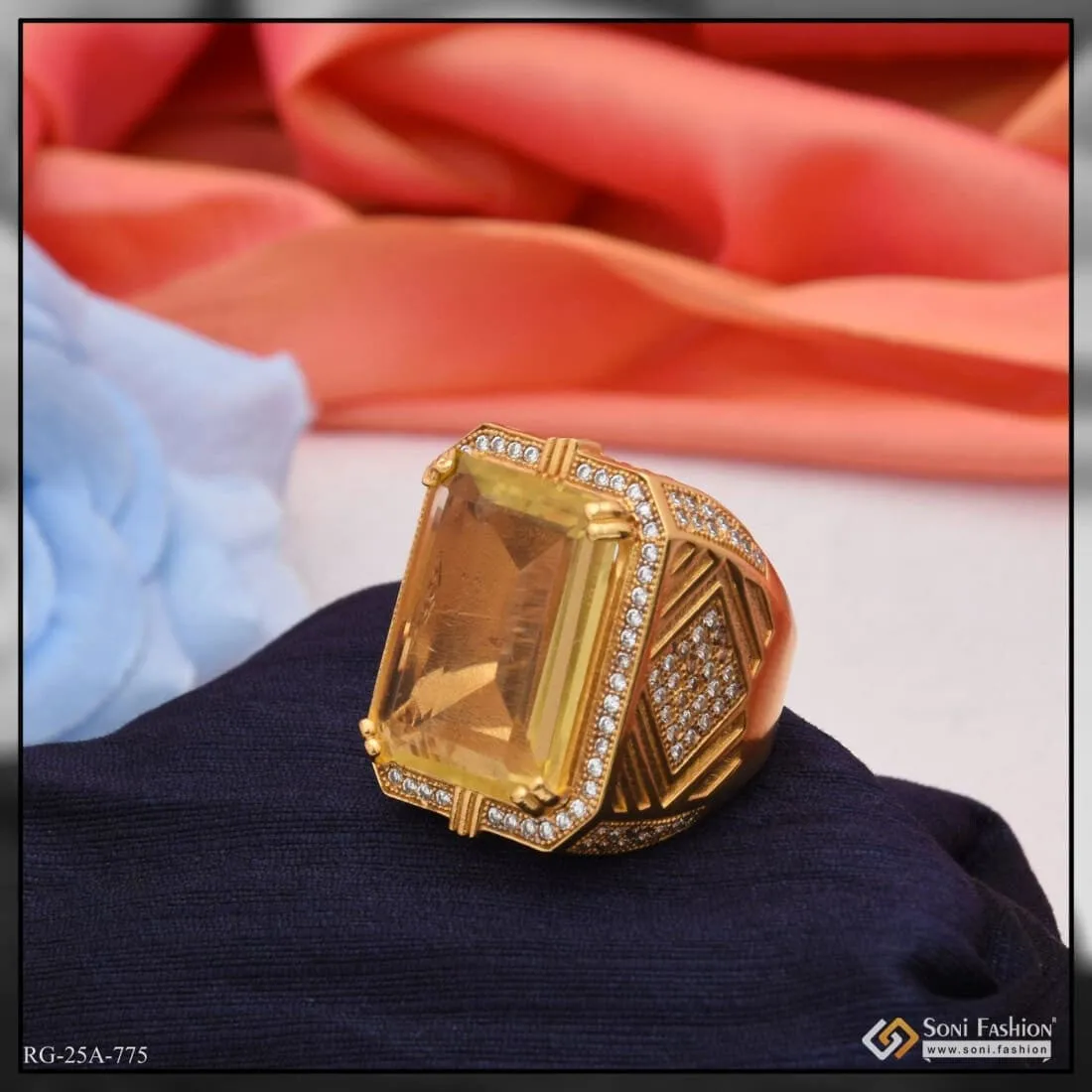 1 Gram Gold Forming Yellow Stone With Diamond Gorgeous Design Ring For Men - Style A775