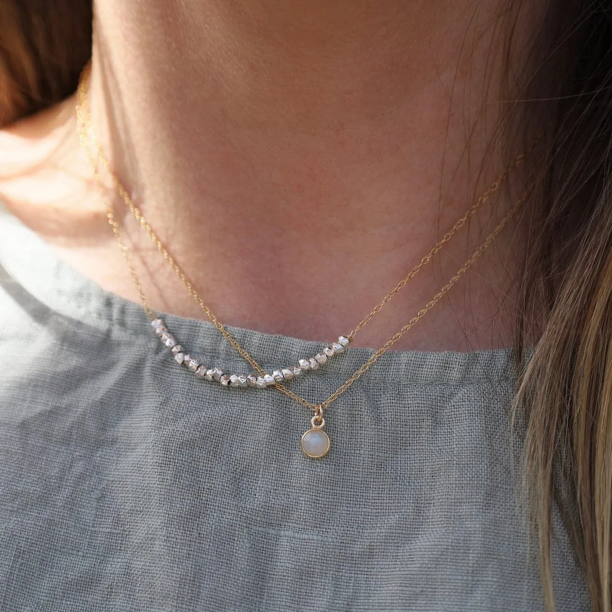 14k Gold Filled Chain with 6mm Bezel-Set Moonstone