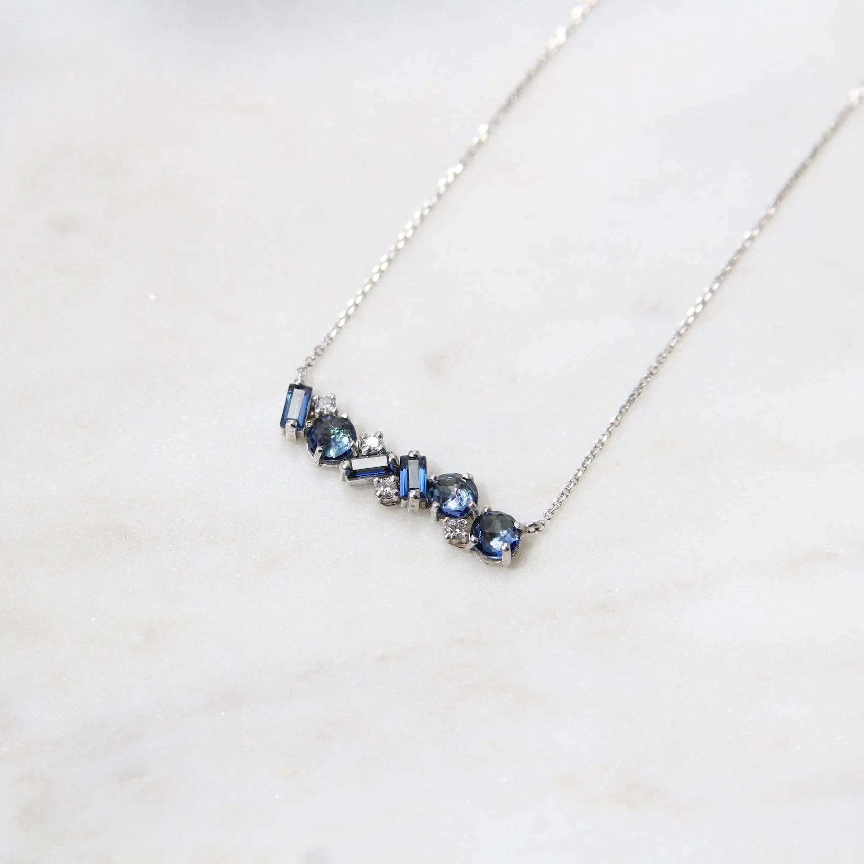 14k White Gold English Blue Topaz Bar Necklace