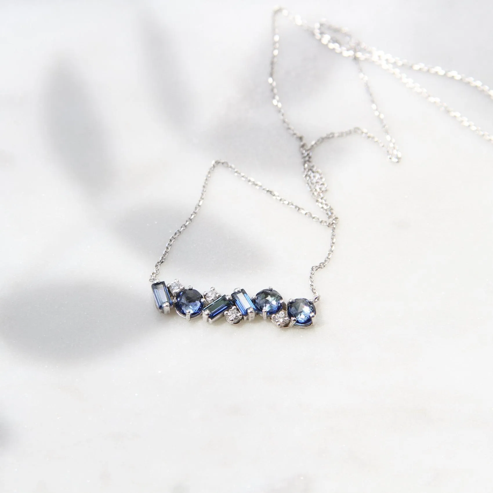 14k White Gold English Blue Topaz Bar Necklace