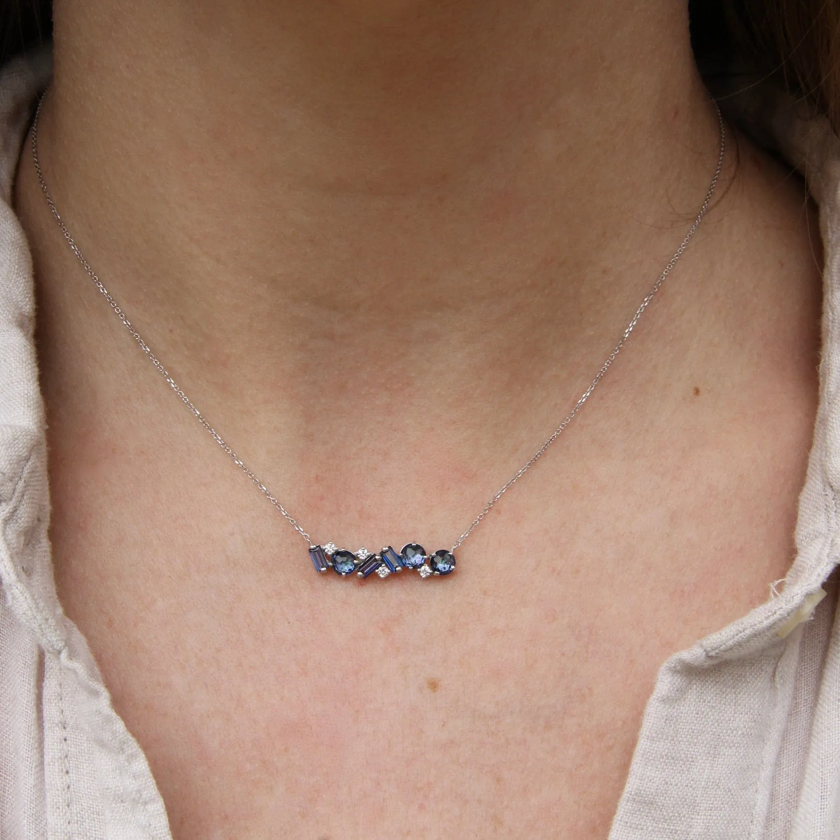 14k White Gold English Blue Topaz Bar Necklace