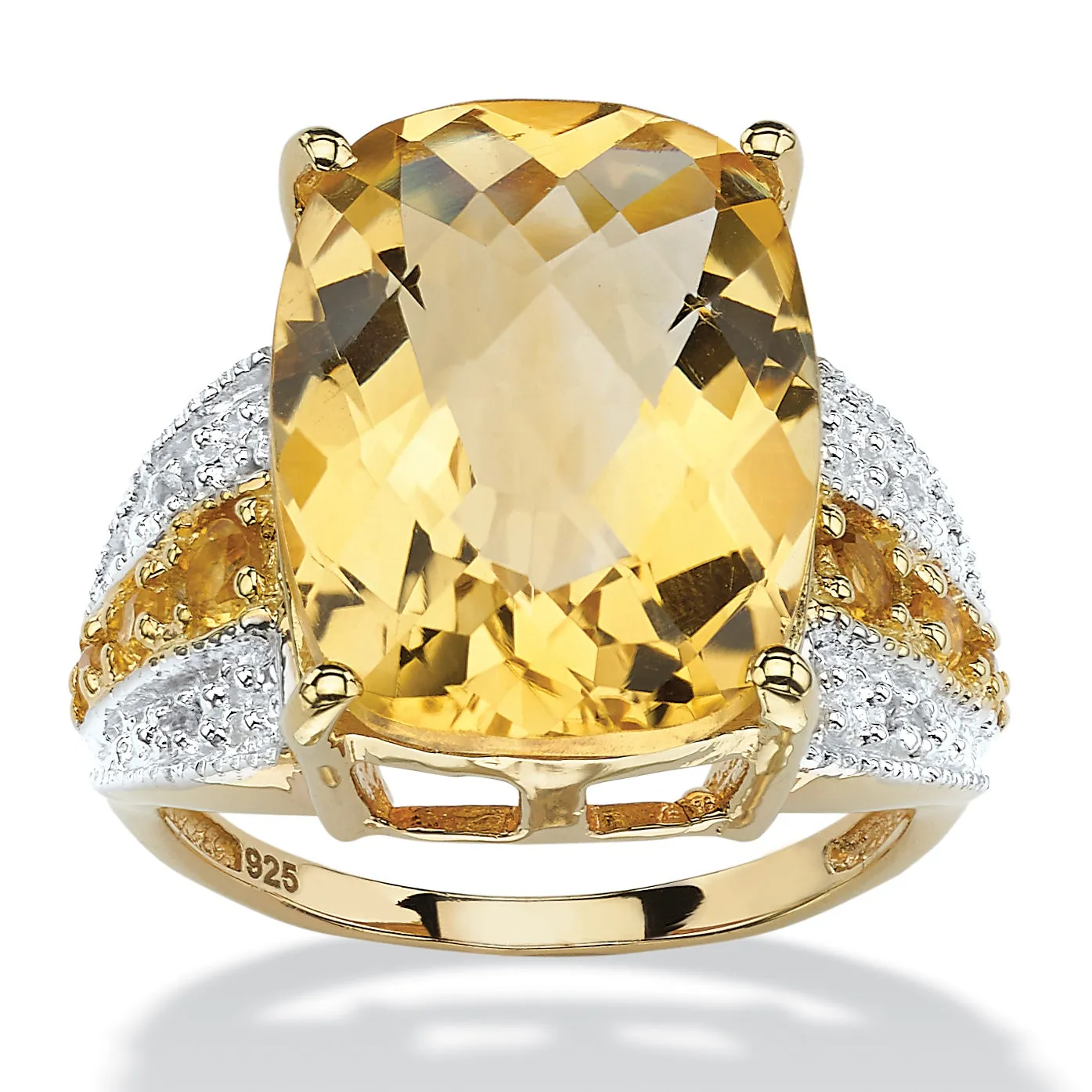 14K Yellow Gold over Sterling Silver Cushion Cut Genuine Citrine and White Topaz Ring