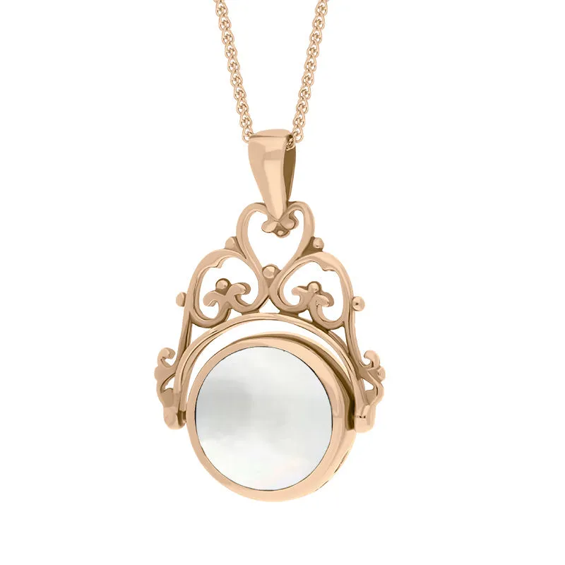 18ct Rose Gold Blue John Mother Of Pearl Double Sided Round Swivel Fob Necklace