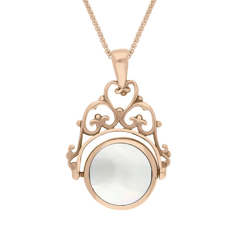 18ct Rose Gold Blue John Mother Of Pearl Double Sided Round Swivel Fob Necklace