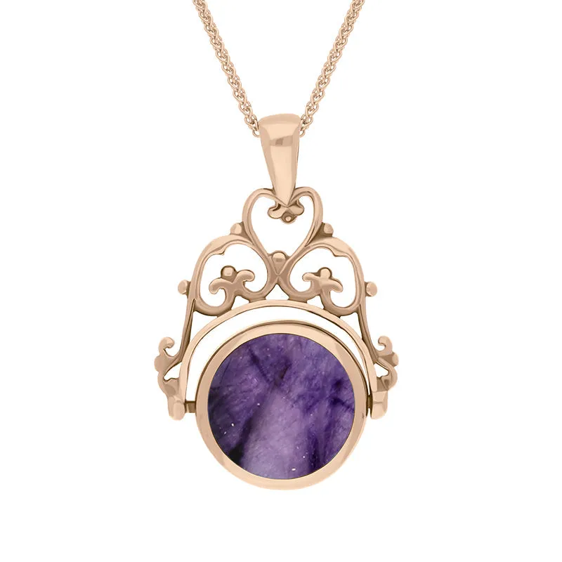 18ct Rose Gold Blue John Mother Of Pearl Double Sided Round Swivel Fob Necklace