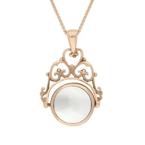 18ct Rose Gold Blue John Mother Of Pearl Double Sided Round Swivel Fob Necklace