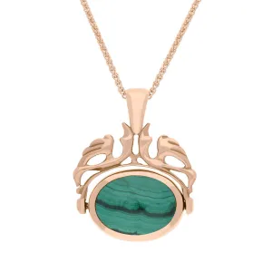 18ct Rose Gold Whitby Jet Malachite Double Sided Oval Swivel Fob Necklace