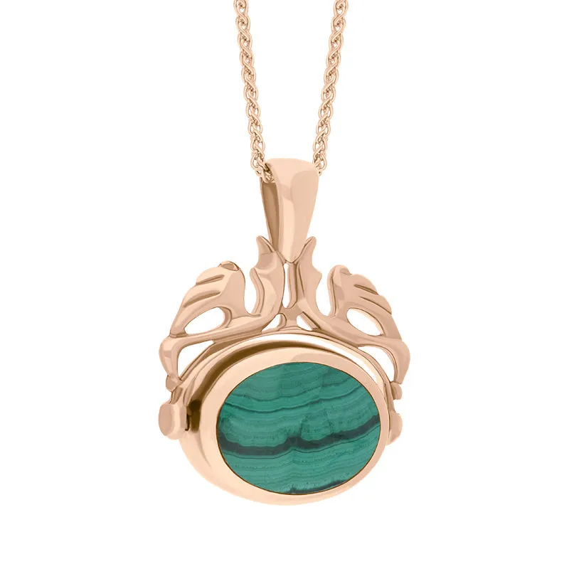 18ct Rose Gold Whitby Jet Malachite Double Sided Oval Swivel Fob Necklace