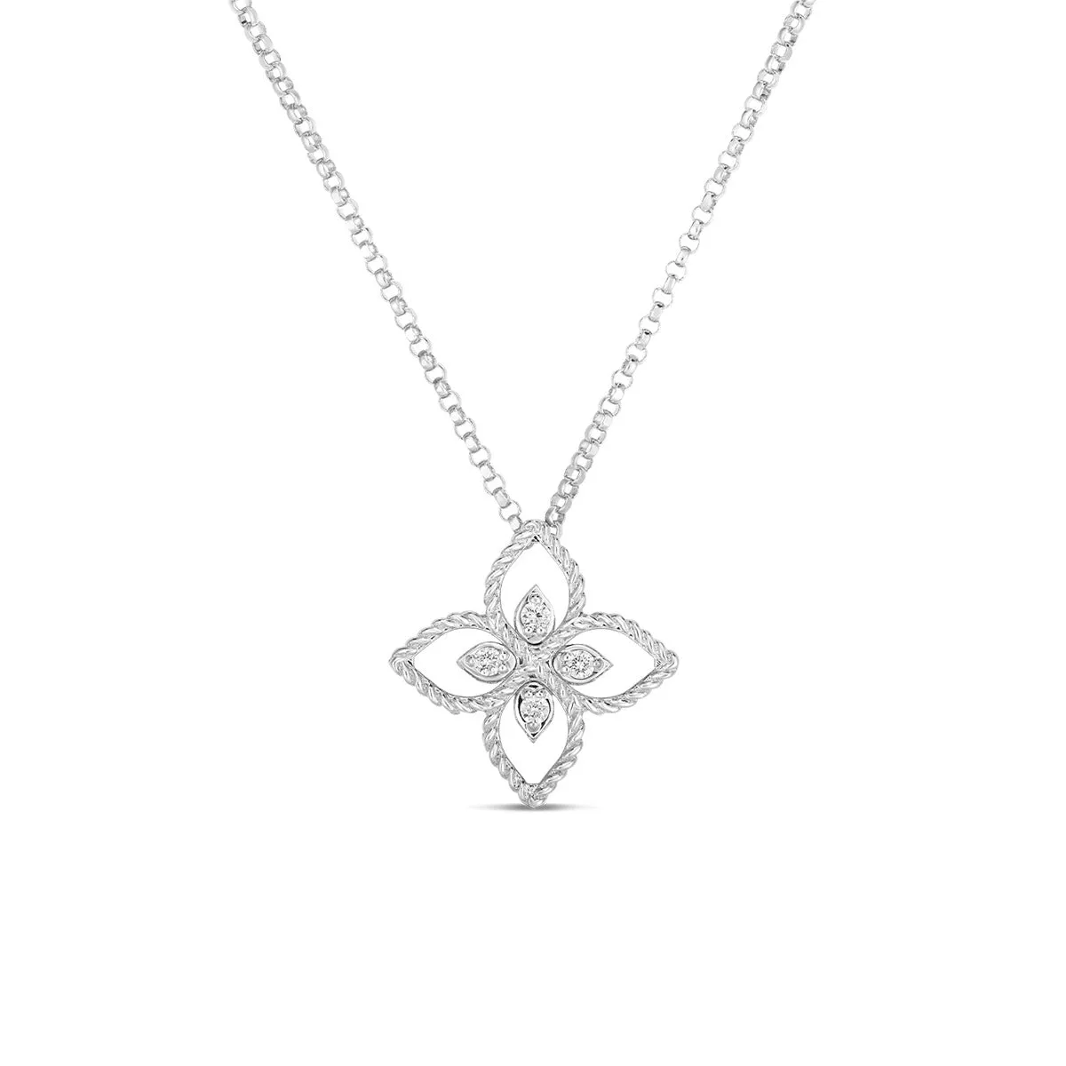 18K White Gold Principessa Small Open Flower Pendant with Diamonds