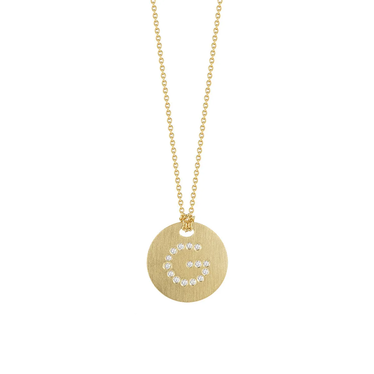 18K Yellow Gold Diamond Initial G Satin Disc Necklace