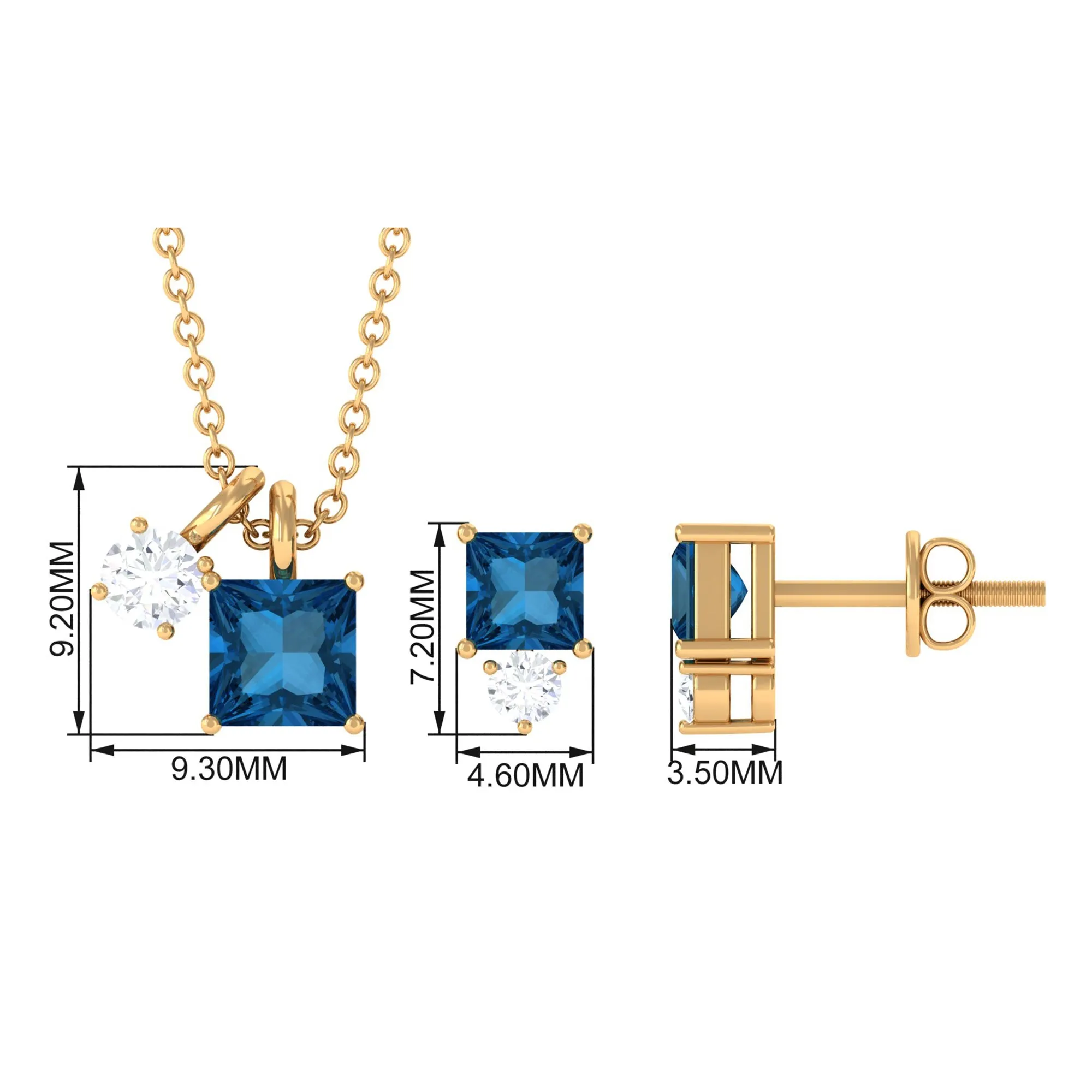 2.5 CT London Blue Topaz and Moissanite Two Stone Pendant Earrings Set
