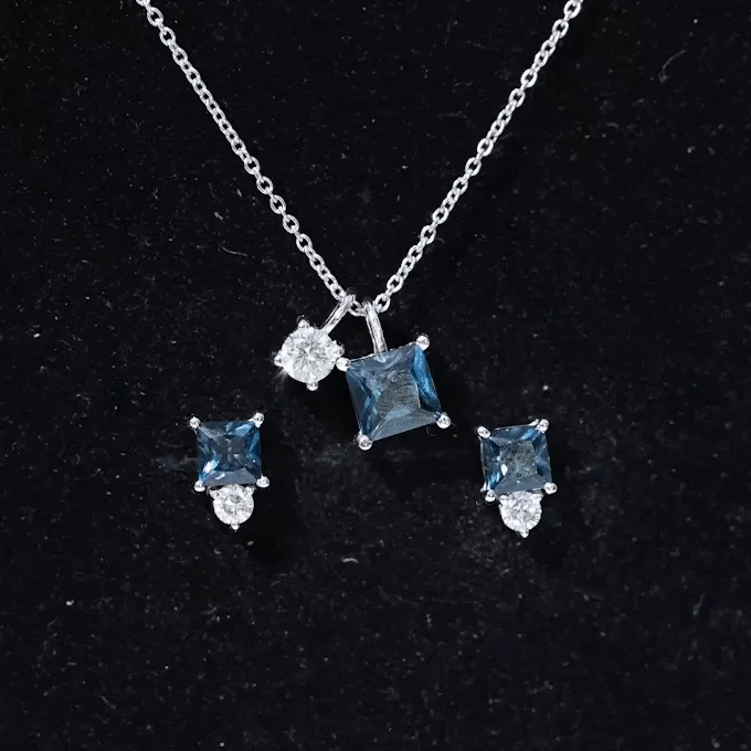 2.5 CT London Blue Topaz and Moissanite Two Stone Pendant Earrings Set
