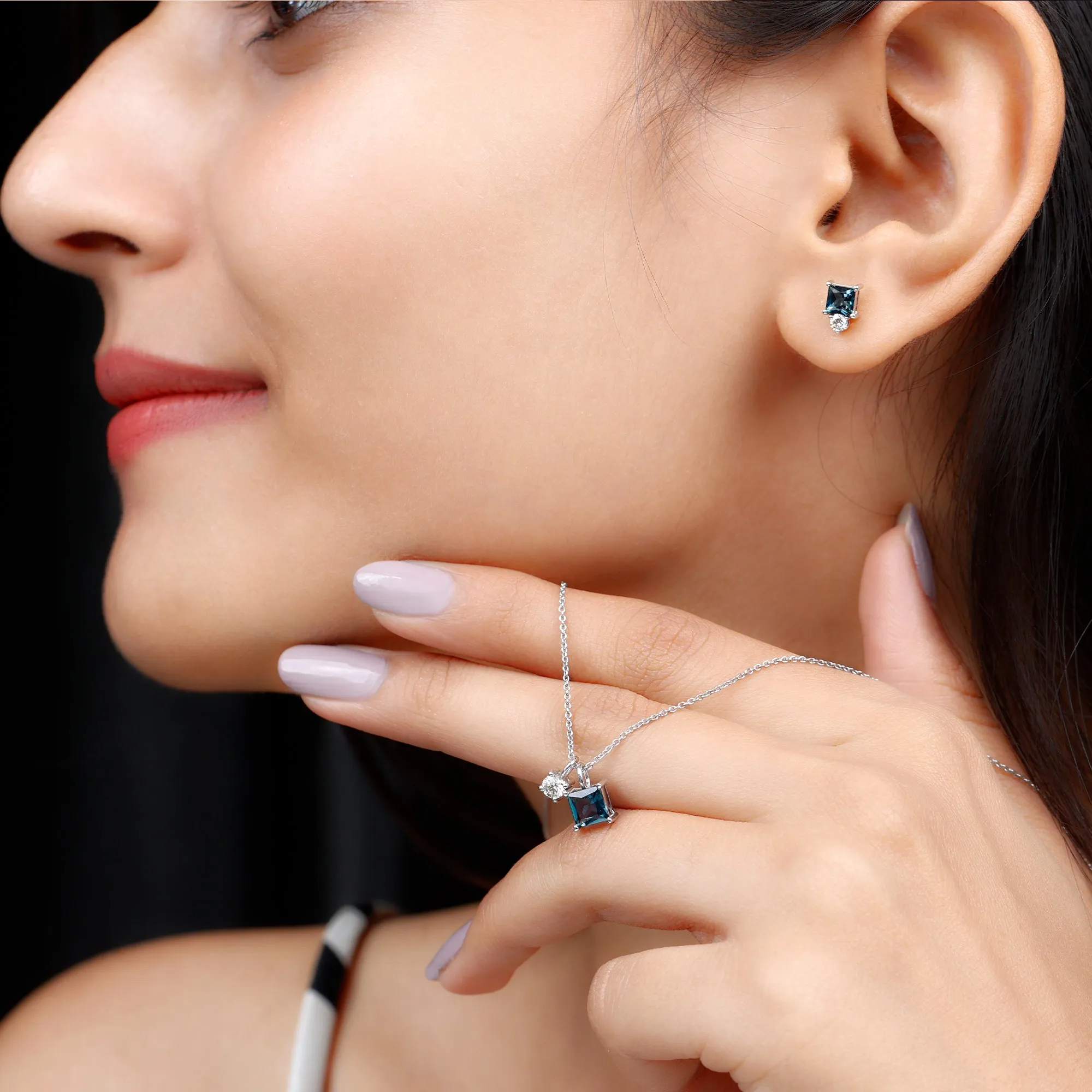 2.5 CT London Blue Topaz and Moissanite Two Stone Pendant Earrings Set