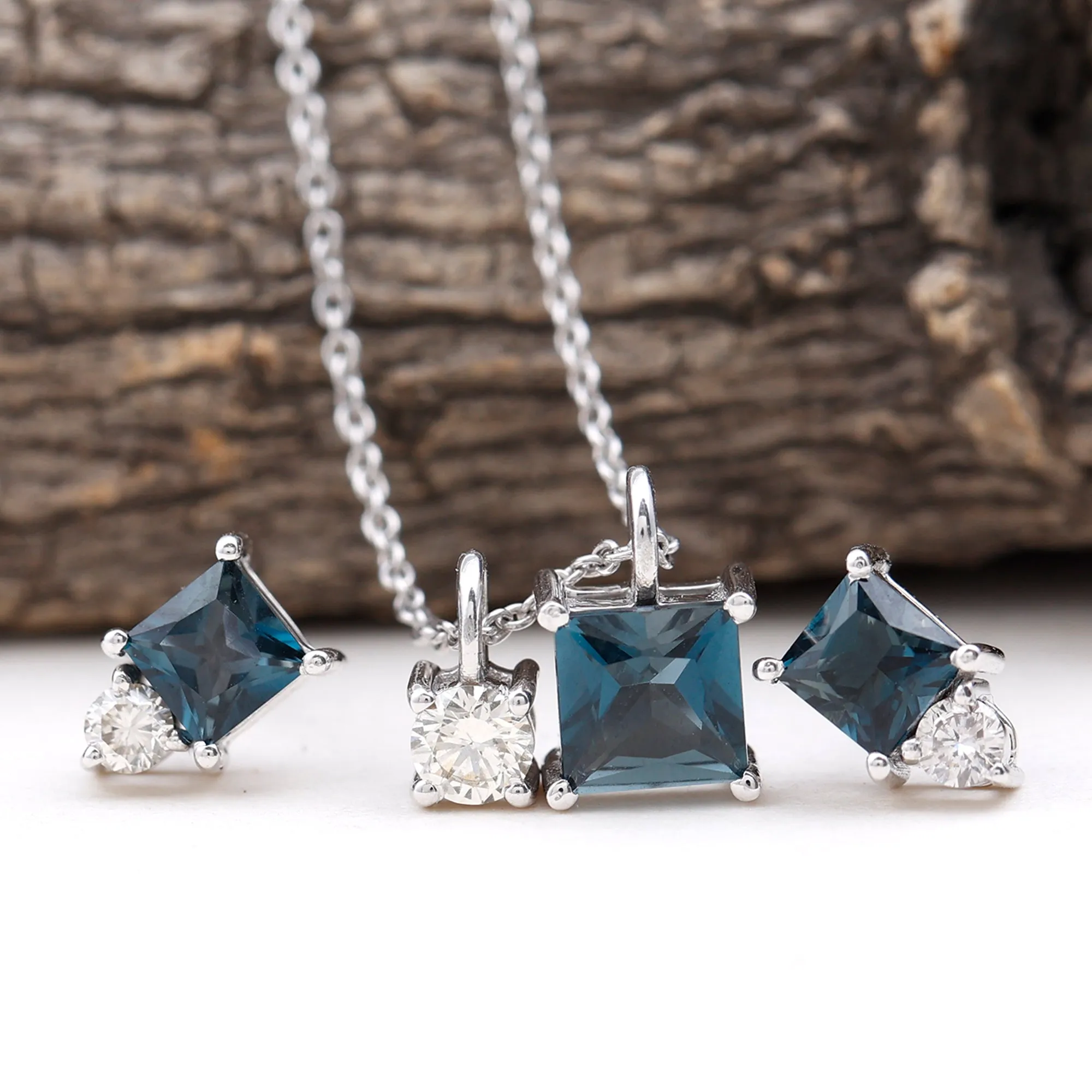 2.5 CT London Blue Topaz and Moissanite Two Stone Pendant Earrings Set