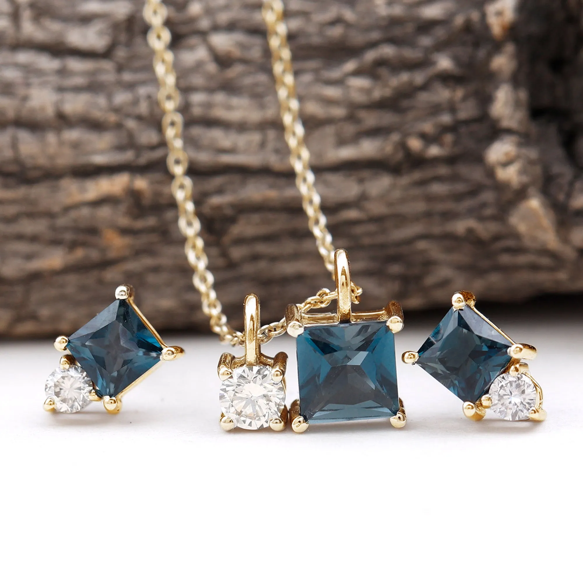 2.5 CT London Blue Topaz and Moissanite Two Stone Pendant Earrings Set