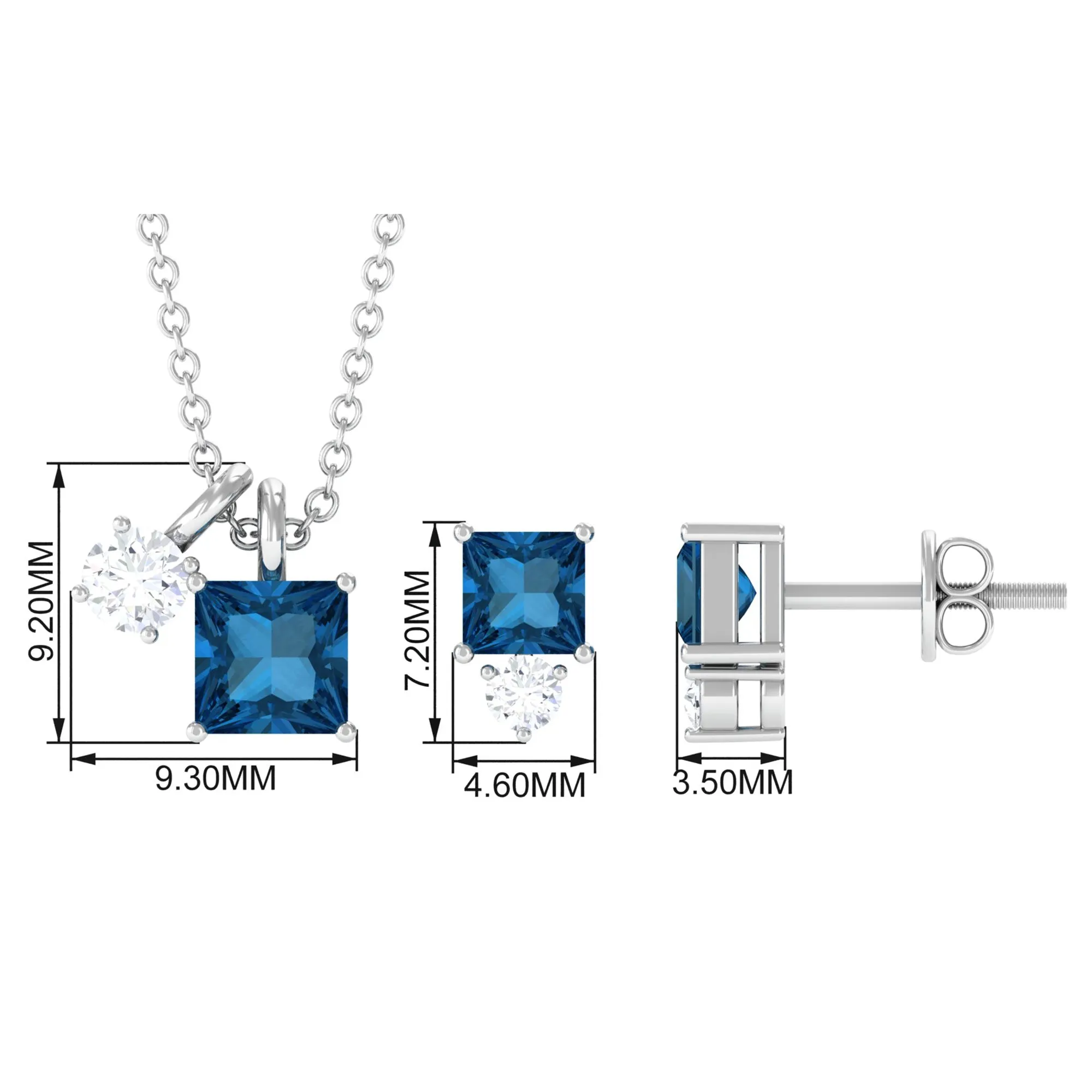 2.5 CT London Blue Topaz and Moissanite Two Stone Pendant Earrings Set