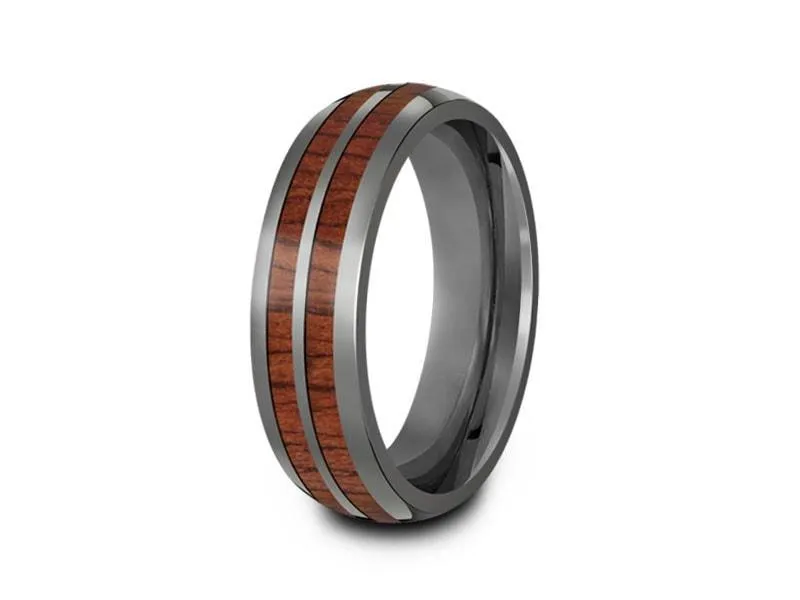 6MM HAWAIIAN Koa Wood TUNGSTEN WEDDING BAND DOME AND GRAY INTERIOR