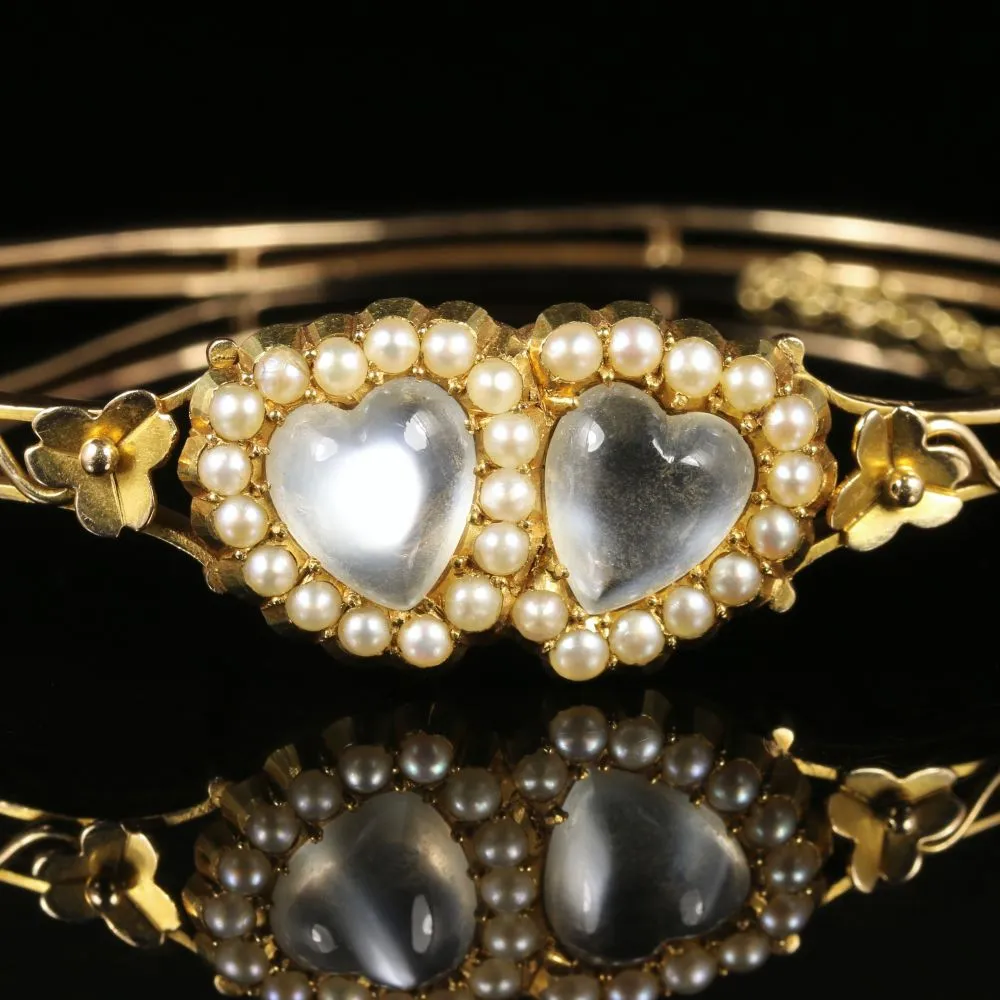Antique Victorian Moonstone Heart Bangle Circa 1880 15Ct Gold