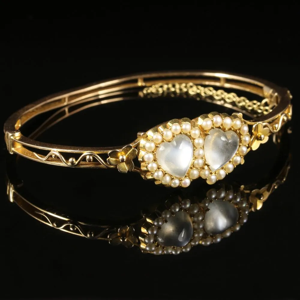 Antique Victorian Moonstone Heart Bangle Circa 1880 15Ct Gold