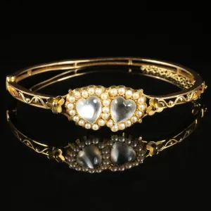 Antique Victorian Moonstone Heart Bangle Circa 1880 15Ct Gold