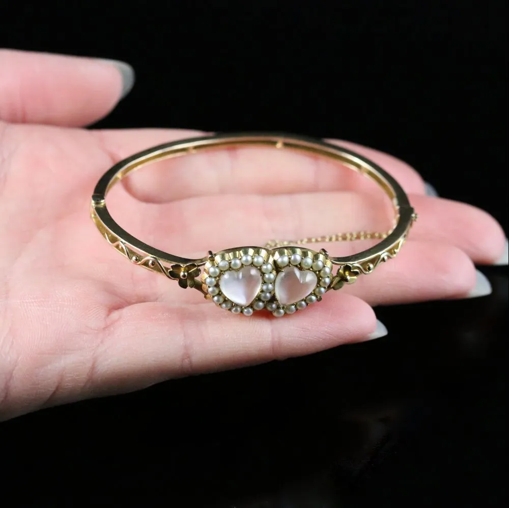 Antique Victorian Moonstone Heart Bangle Circa 1880 15Ct Gold