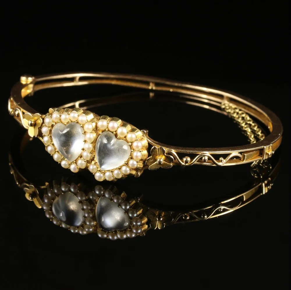 Antique Victorian Moonstone Heart Bangle Circa 1880 15Ct Gold