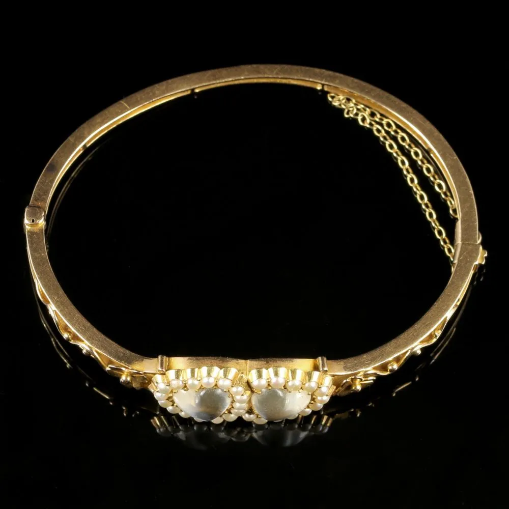 Antique Victorian Moonstone Heart Bangle Circa 1880 15Ct Gold