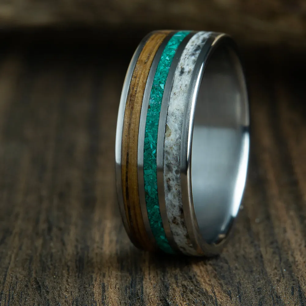 Antler ring with malachite and Whiskey barrel wood