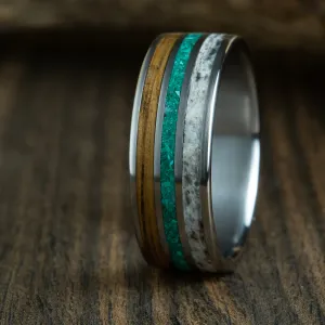 Antler ring with malachite and Whiskey barrel wood