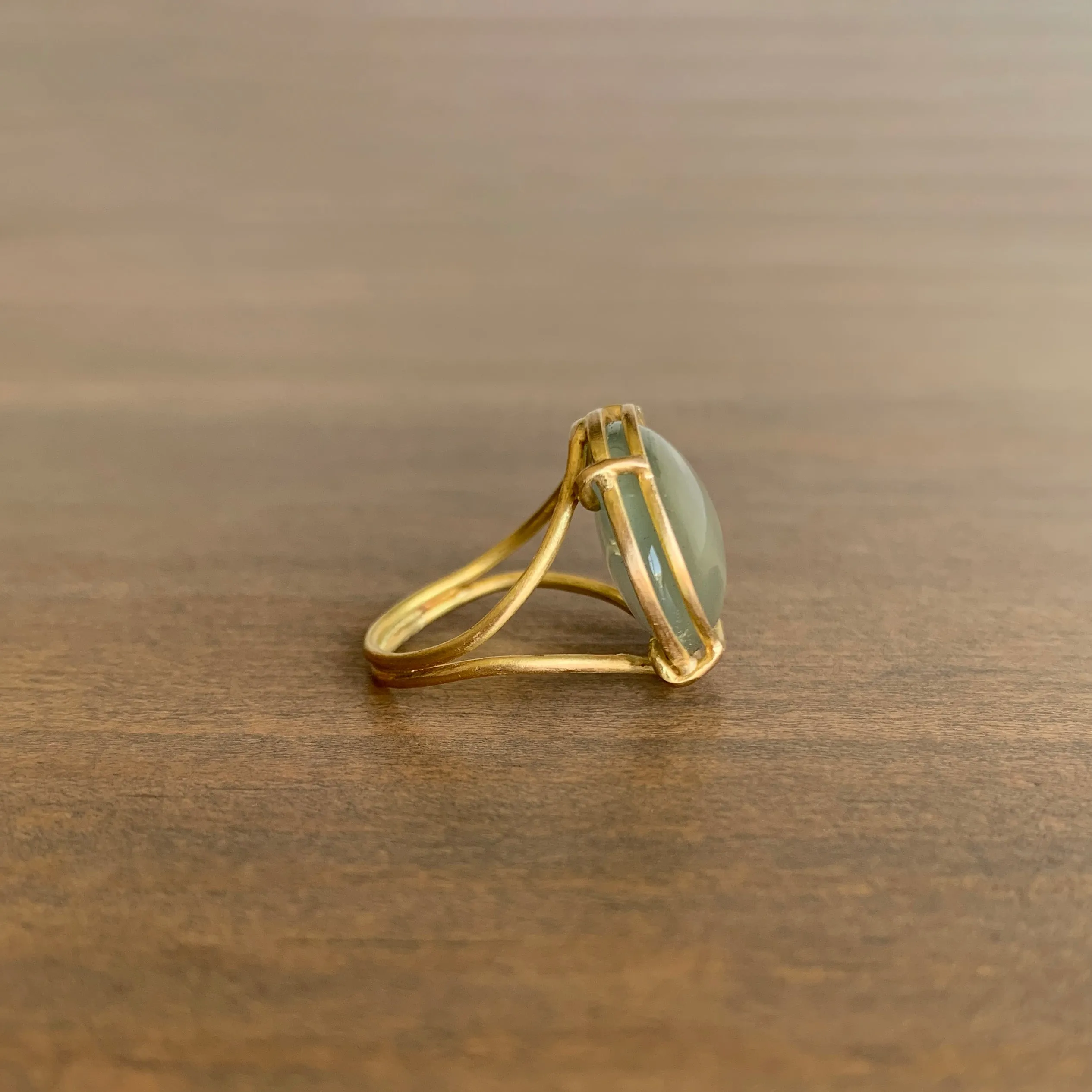 Asymmetrical Sage Moonstone Cabochon Cage Set Ring