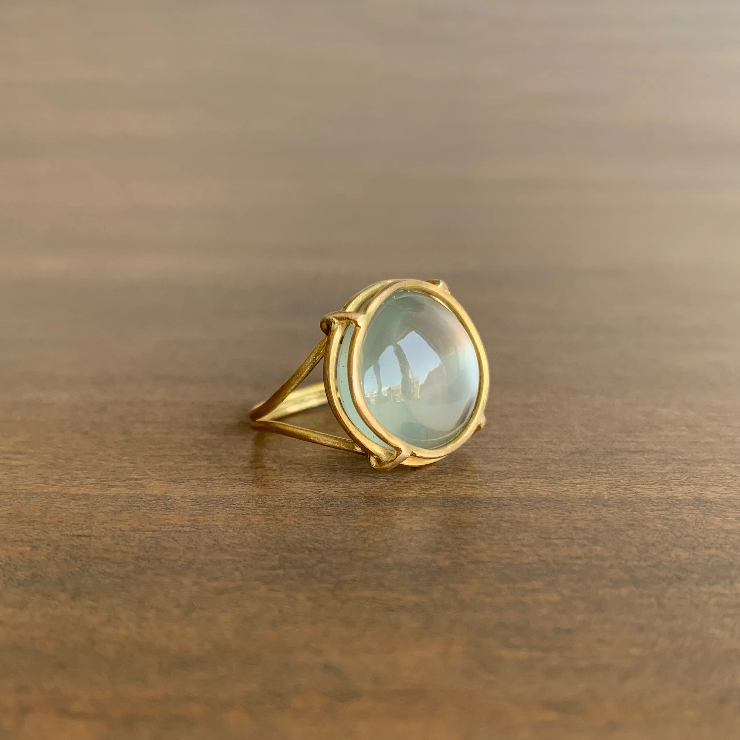 Asymmetrical Sage Moonstone Cabochon Cage Set Ring