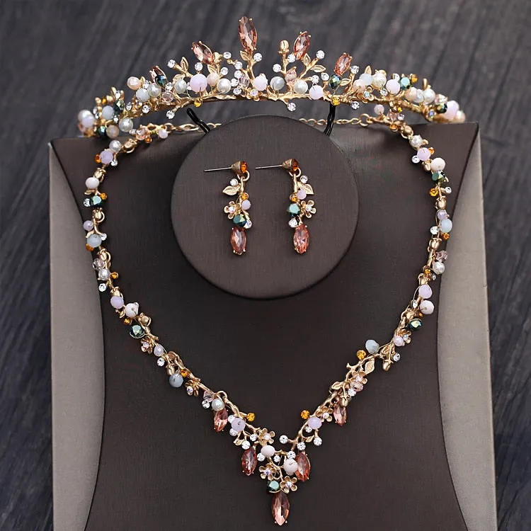 Baroque inspired vintage gold crystal beaded rhinestone Diadem Crown head piece, necklace & earrings set - Oh MY LLC Private Label AEDGJSN