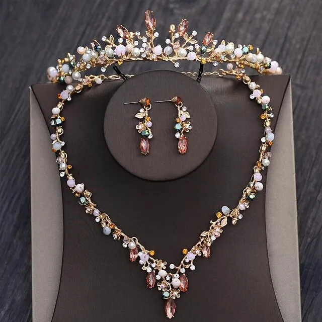 Baroque inspired vintage gold crystal beaded rhinestone Diadem Crown head piece, necklace & earrings set - Oh MY LLC Private Label AEDGJSN