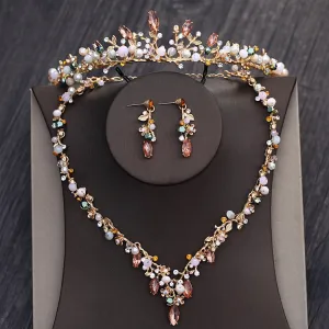 Baroque inspired vintage gold crystal beaded rhinestone Diadem Crown head piece, necklace & earrings set - Oh MY LLC Private Label AEDGJSN